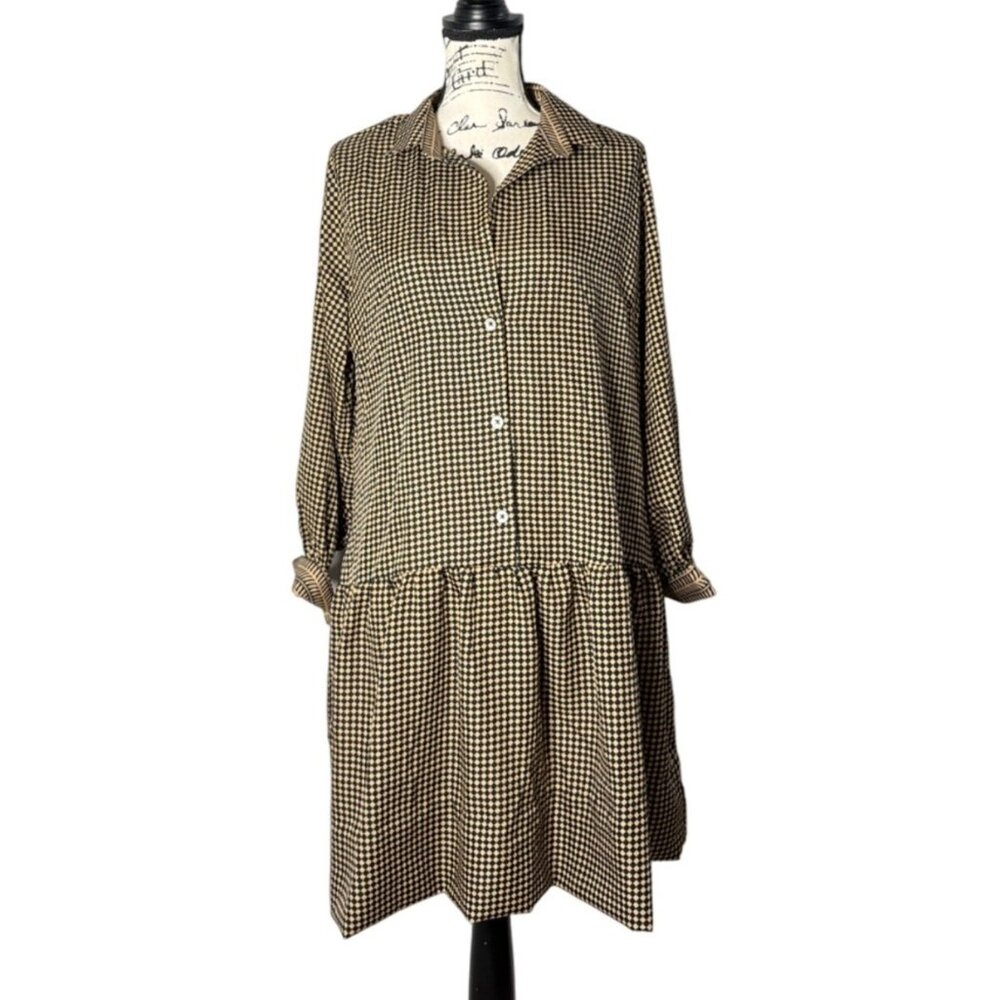 Gretchen Scott Designs Tan Checkered Long Sleeve Dress